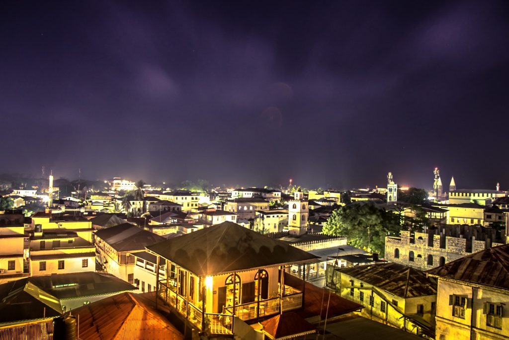 view over stonetown in zanzibar at night